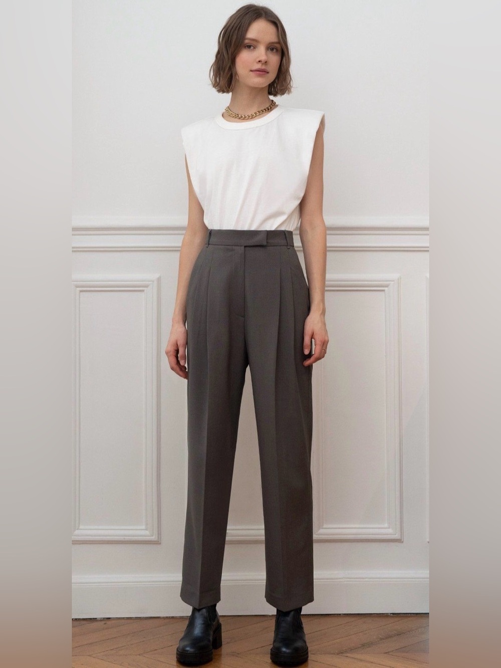 Pixie Market High-Waist Tailored Trouser Pants in Gray, Size L